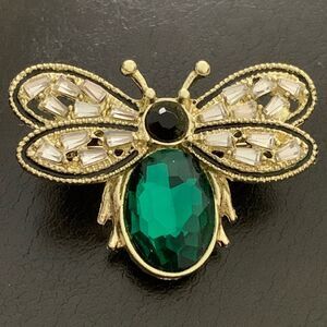 Bee Brooch – Green, White & Black Crystal Pin in Gold Tone Metal